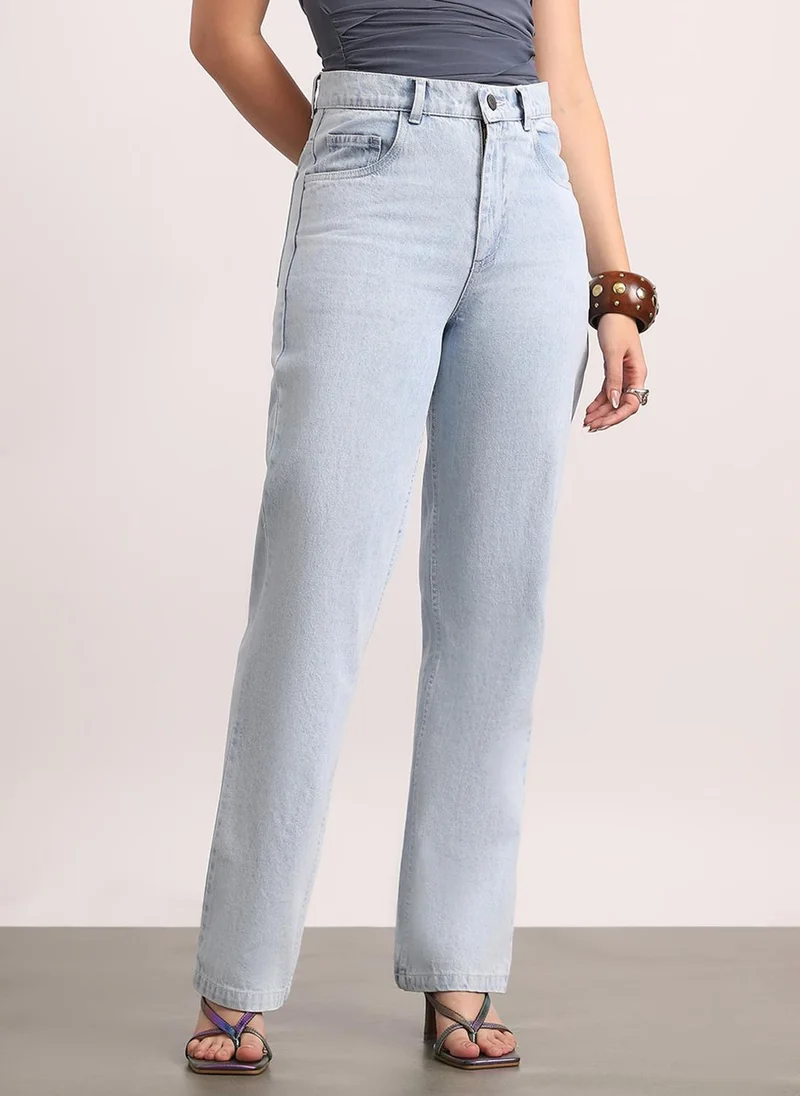 Urbano Fashion Urbano Fashion Women's Ice Blue High Rise Straight Fit Washed Jeans Non-Stretchable